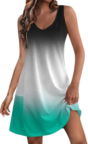 Summer Sleeveless Tank Dress for Women 2025 V Neck Sundresses Boho Dresses Beach Swimsuit Coverup with Pockets