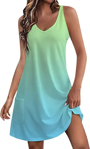 Summer Sleeveless Tank Dress for Women 2025 V Neck Sundresses Boho Dresses Beach Swimsuit Coverup with Pockets