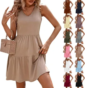 Summer Sundresses for Women 2025 V Neck Sleeveless Simple Tiered Short Tank Dress Flowy Swing Shift Aline Mini Dress