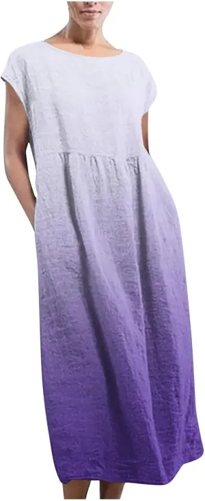 Summer Tank Dress for Women Cap Sleeve Loose Boho Midi Dress Casual Ombre Crew Neck Beach Dresses with Pockets