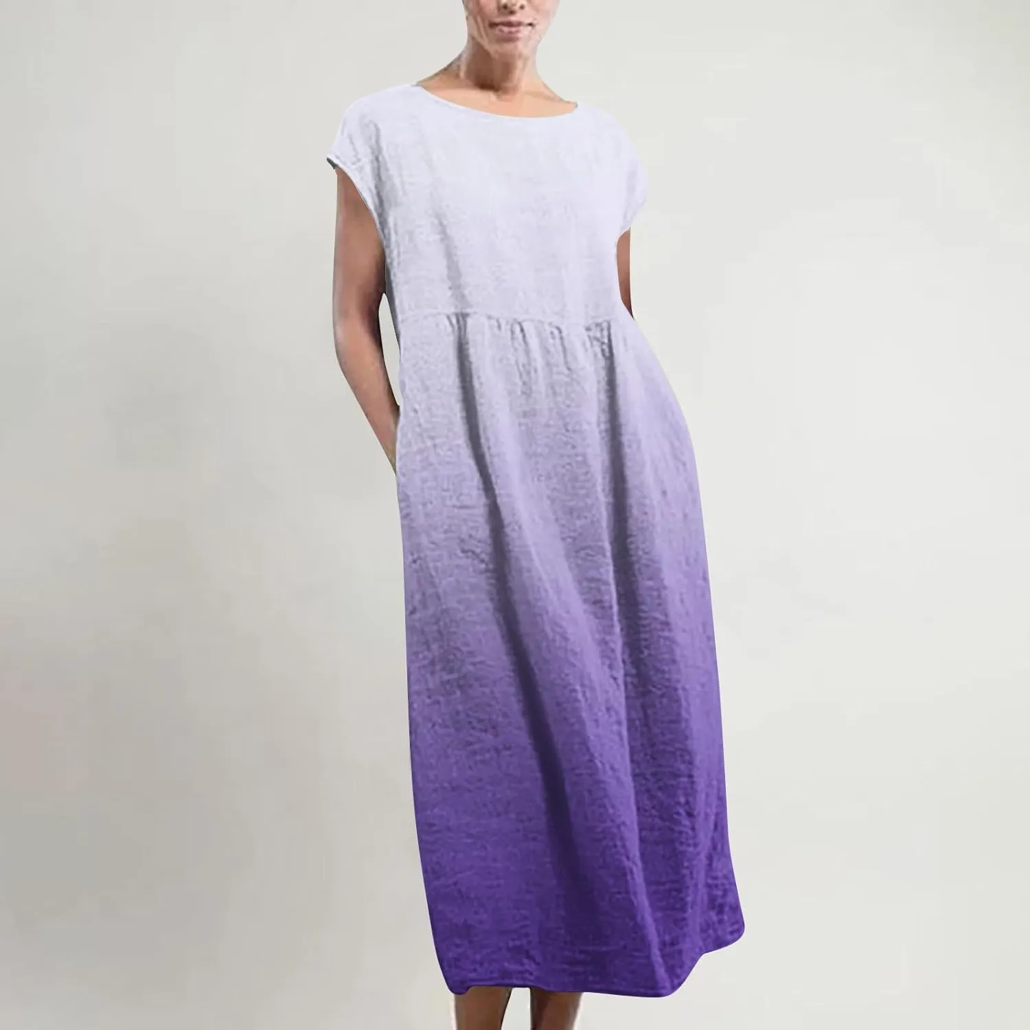 Summer Tank Dress for Women Cap Sleeve Loose Boho Midi Dress Casual Ombre Crew Neck Beach Dresses with Pockets