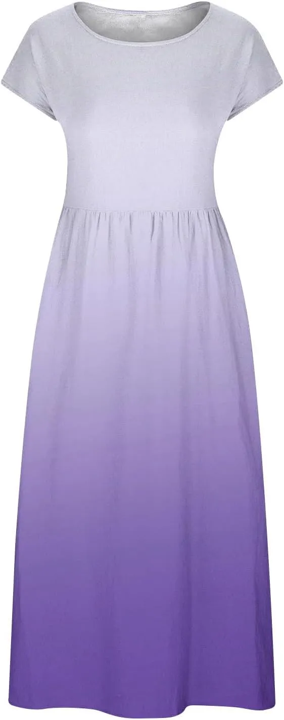 Summer Tank Dress for Women Cap Sleeve Loose Boho Midi Dress Casual Ombre Crew Neck Beach Dresses with Pockets