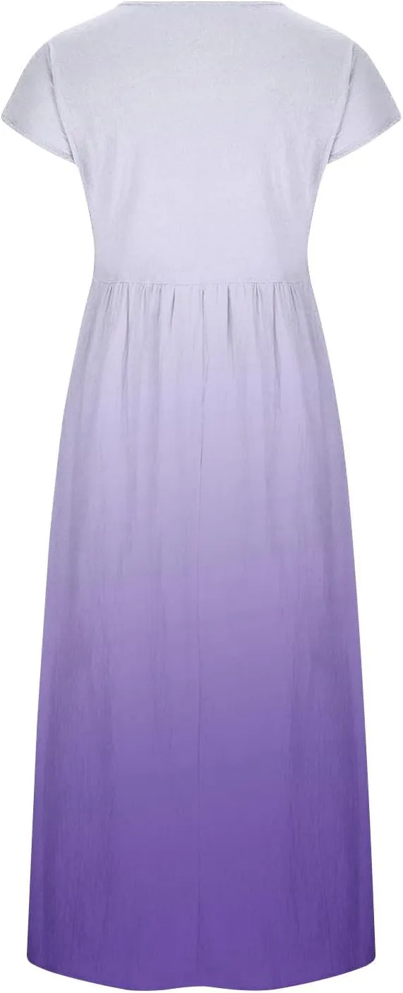 Summer Tank Dress for Women Cap Sleeve Loose Boho Midi Dress Casual Ombre Crew Neck Beach Dresses with Pockets