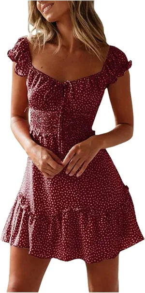 Summer Womens Smocked Dresses Ruffle Floral Tie Front Boho Sundress Sexy Fashion Print Neckline Mini Dress