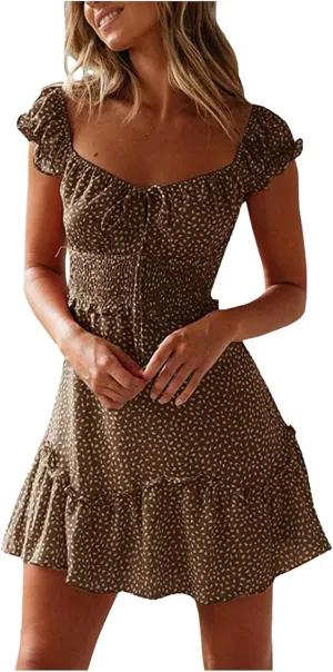 Summer Womens Smocked Dresses Ruffle Floral Tie Front Boho Sundress Sexy Fashion Print Neckline Mini Dress