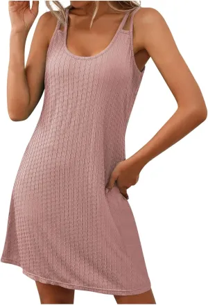 Sun Dresses for Women Summer Beach Vacation Spaghetti Strap Textured Mini Dress Loose Fit Casual Scoop Neck Sundress