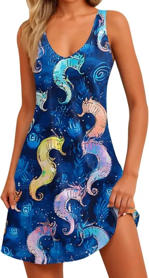 Sun Dresses Women Summer Casual V Neck Sundresses Boho Tank Dress Beach Vacation Clothes with Pockets