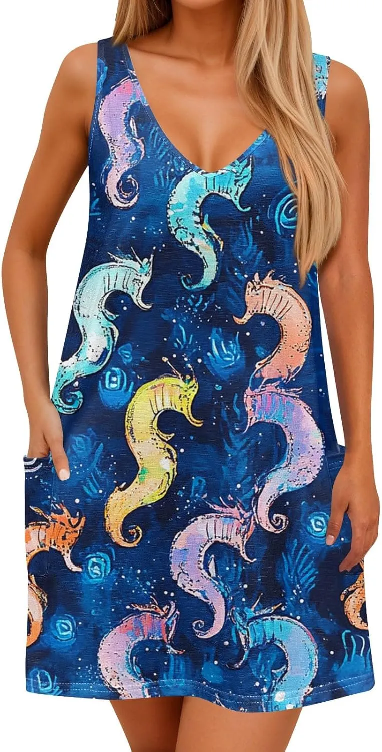 Sun Dresses Women Summer Casual V Neck Sundresses Boho Tank Dress Beach Vacation Clothes with Pockets