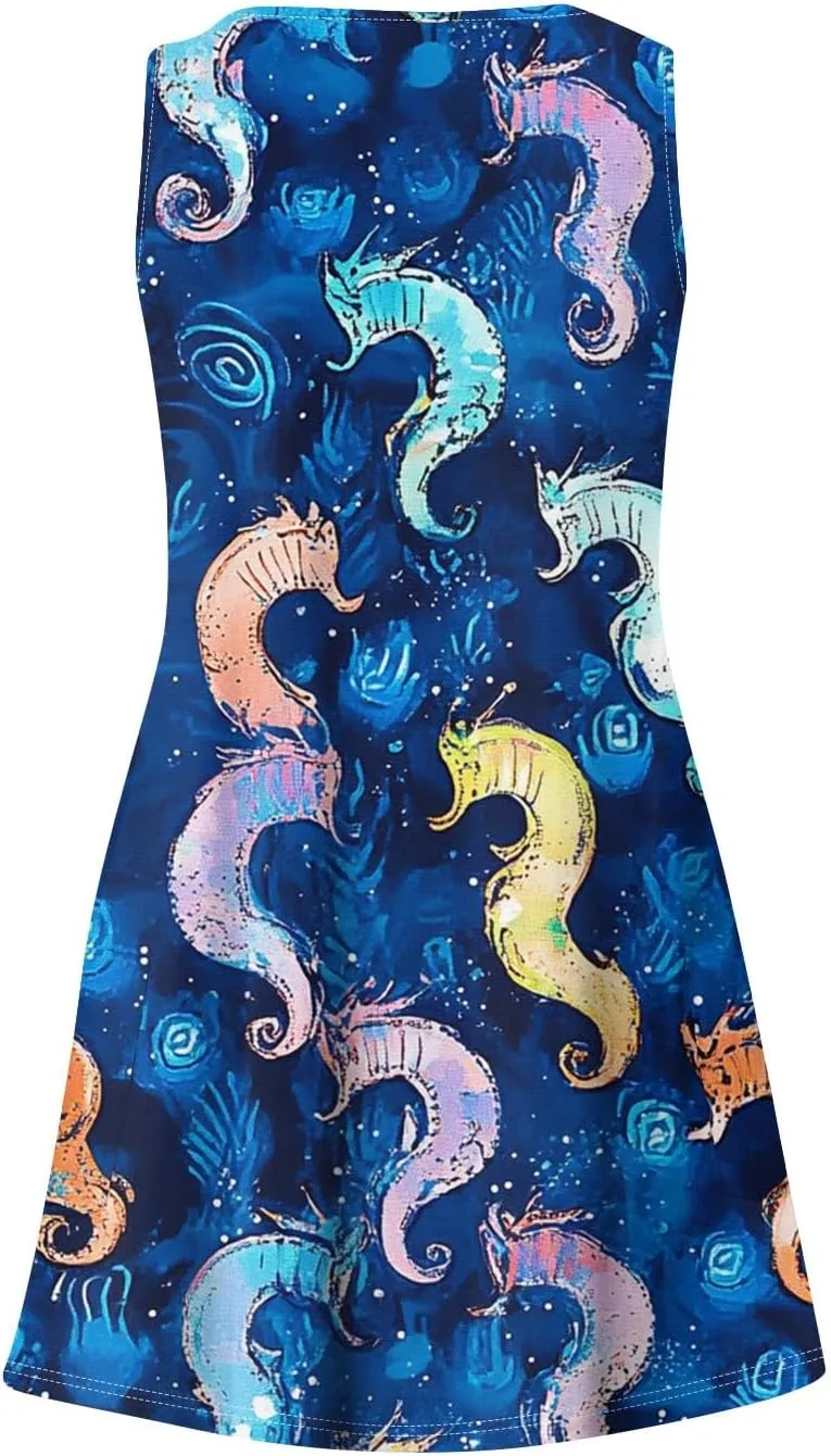 Sun Dresses Women Summer Casual V Neck Sundresses Boho Tank Dress Beach Vacation Clothes with Pockets