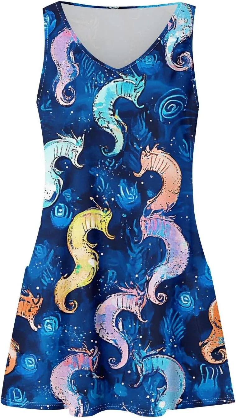 Sun Dresses Women Summer Casual V Neck Sundresses Boho Tank Dress Beach Vacation Clothes with Pockets
