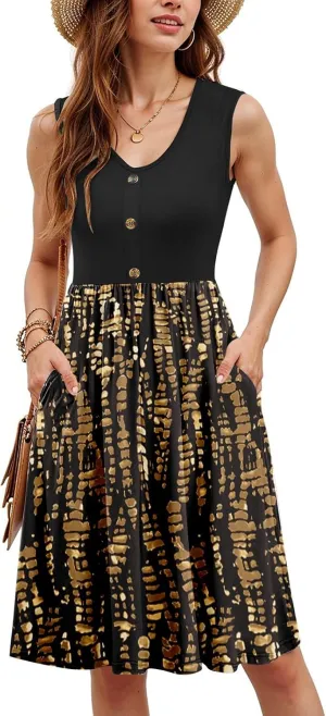 Sundress for Women-2025 Summer Fashion Patchwork Swing Button Down Sleeveless Midi Vacation Dresses with Pockets