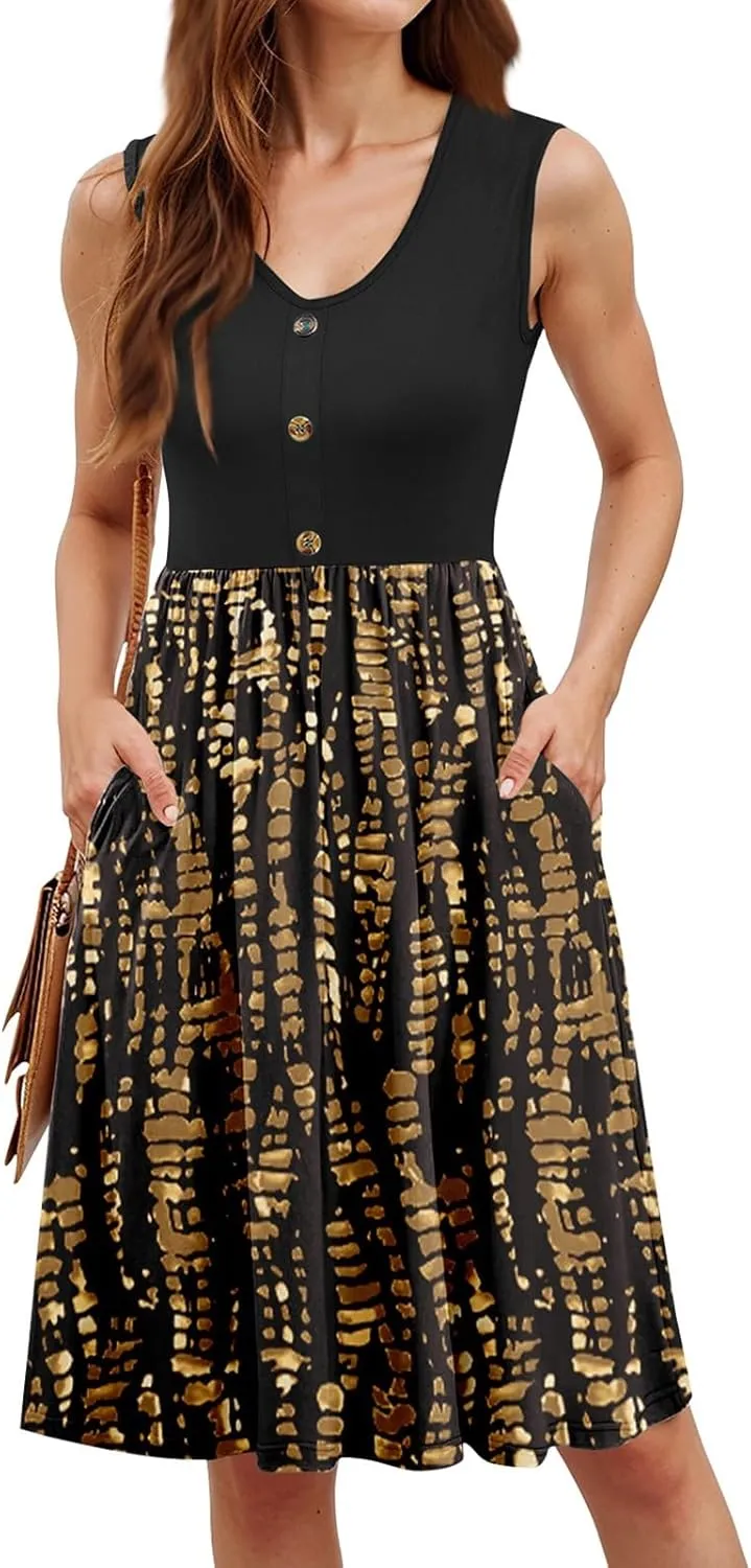Sundress for Women-2025 Summer Fashion Patchwork Swing Button Down Sleeveless Midi Vacation Dresses with Pockets