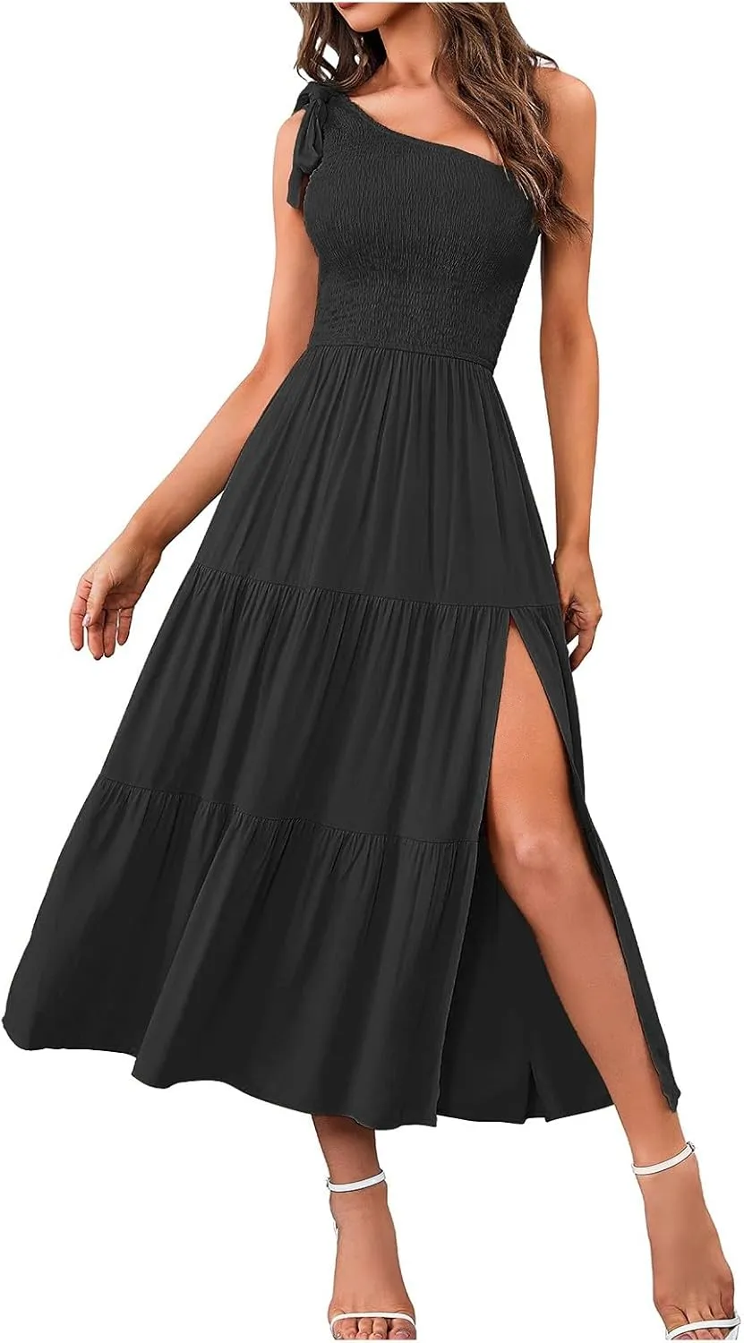 Sundress Women's 2024 Summer One Shoulder Sleeveless Beach Dress Casual Smocked Tiered Beach Maxi Dresses Fashion