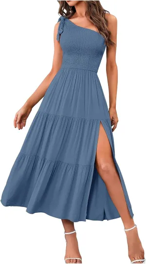 Sundress Women's 2024 Summer One Shoulder Sleeveless Beach Dress Casual Smocked Tiered Beach Maxi Dresses Fashion