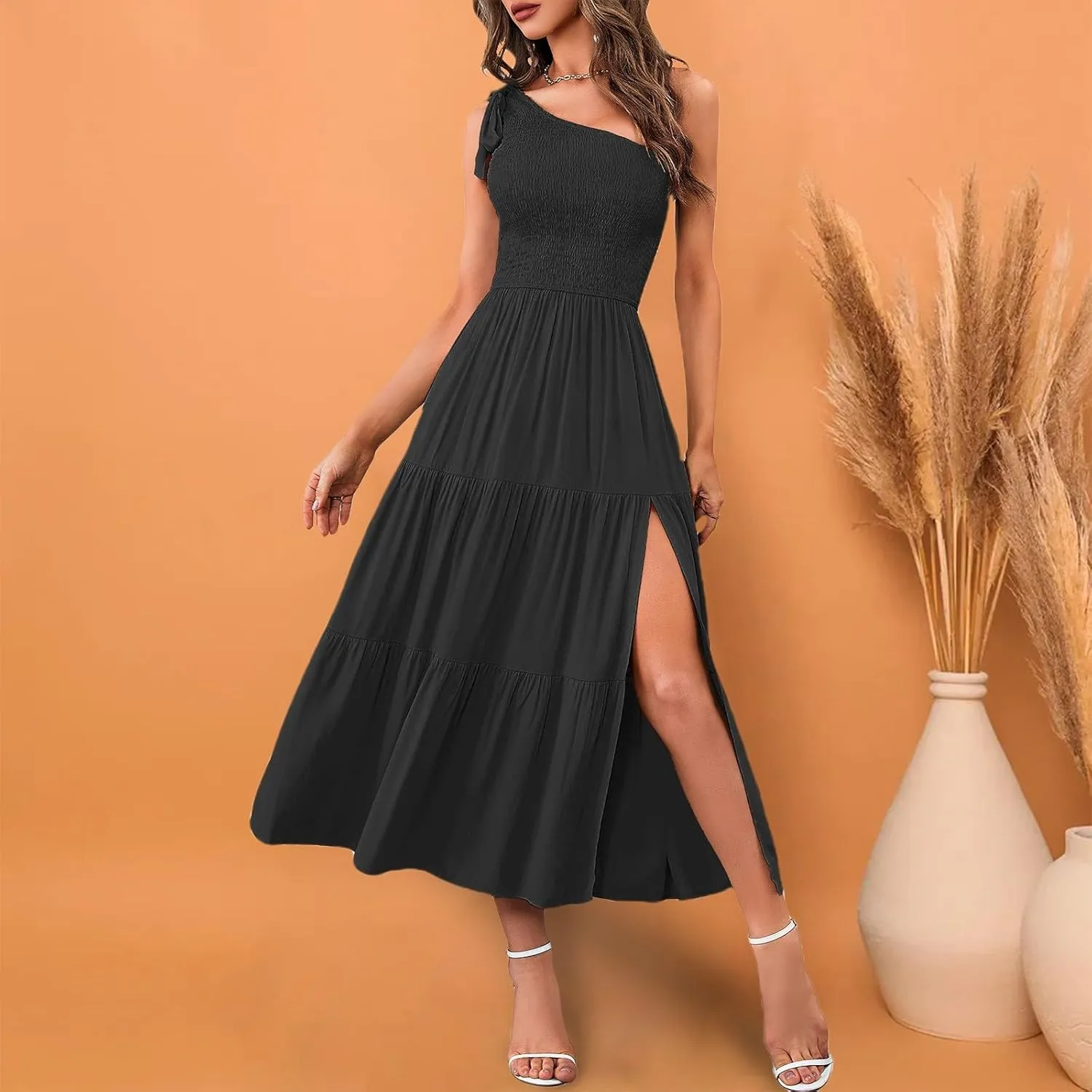 Sundress Women's 2024 Summer One Shoulder Sleeveless Beach Dress Casual Smocked Tiered Beach Maxi Dresses Fashion