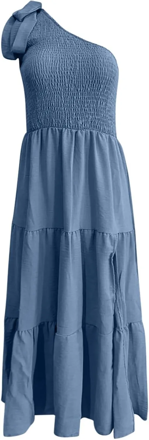 Sundress Women's 2024 Summer One Shoulder Sleeveless Beach Dress Casual Smocked Tiered Beach Maxi Dresses Fashion