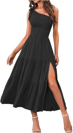 Sundress Women's 2024 Summer One Shoulder Sleeveless Beach Dress Casual Smocked Tiered Beach Maxi Dresses Fashion