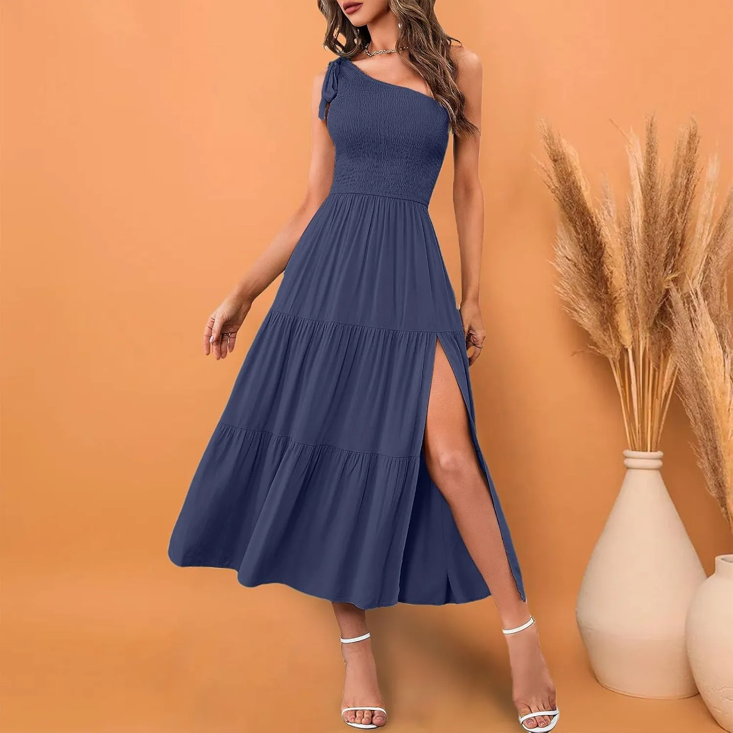Sundress Women's 2024 Summer One Shoulder Sleeveless Beach Dress Casual Smocked Tiered Beach Maxi Dresses Fashion