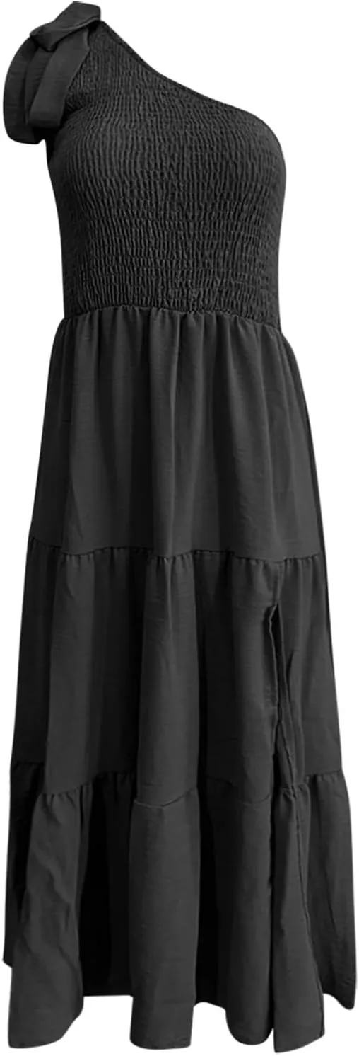 Sundress Women's 2024 Summer One Shoulder Sleeveless Beach Dress Casual Smocked Tiered Beach Maxi Dresses Fashion
