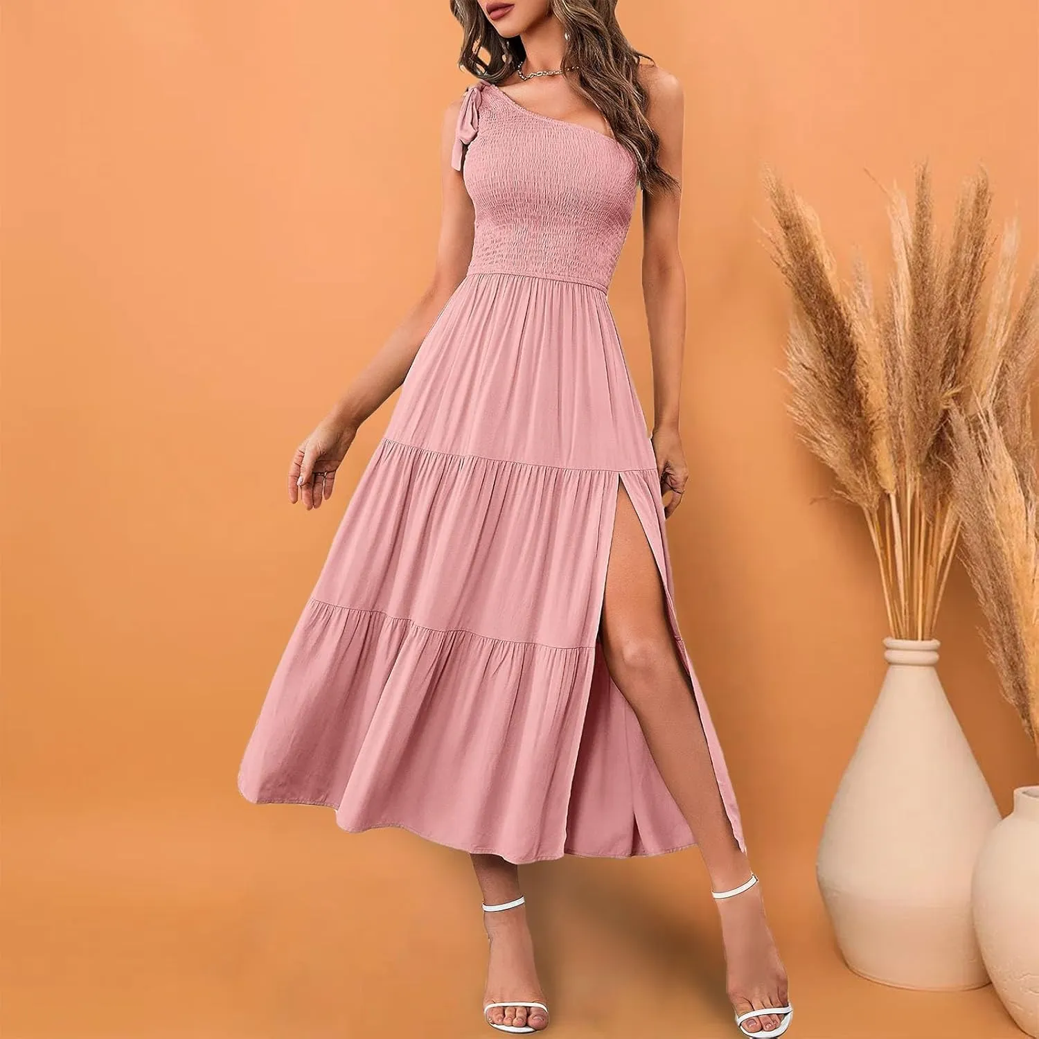 Sundress Women's 2024 Summer One Shoulder Sleeveless Beach Dress Casual Smocked Tiered Beach Maxi Dresses Fashion