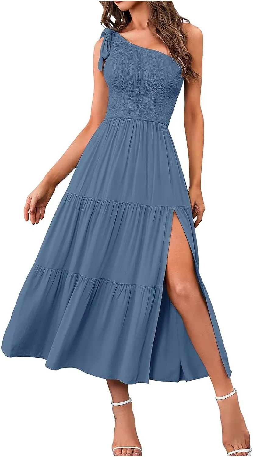 Sundress Women's 2024 Summer One Shoulder Sleeveless Beach Dress Casual Smocked Tiered Beach Maxi Dresses Fashion