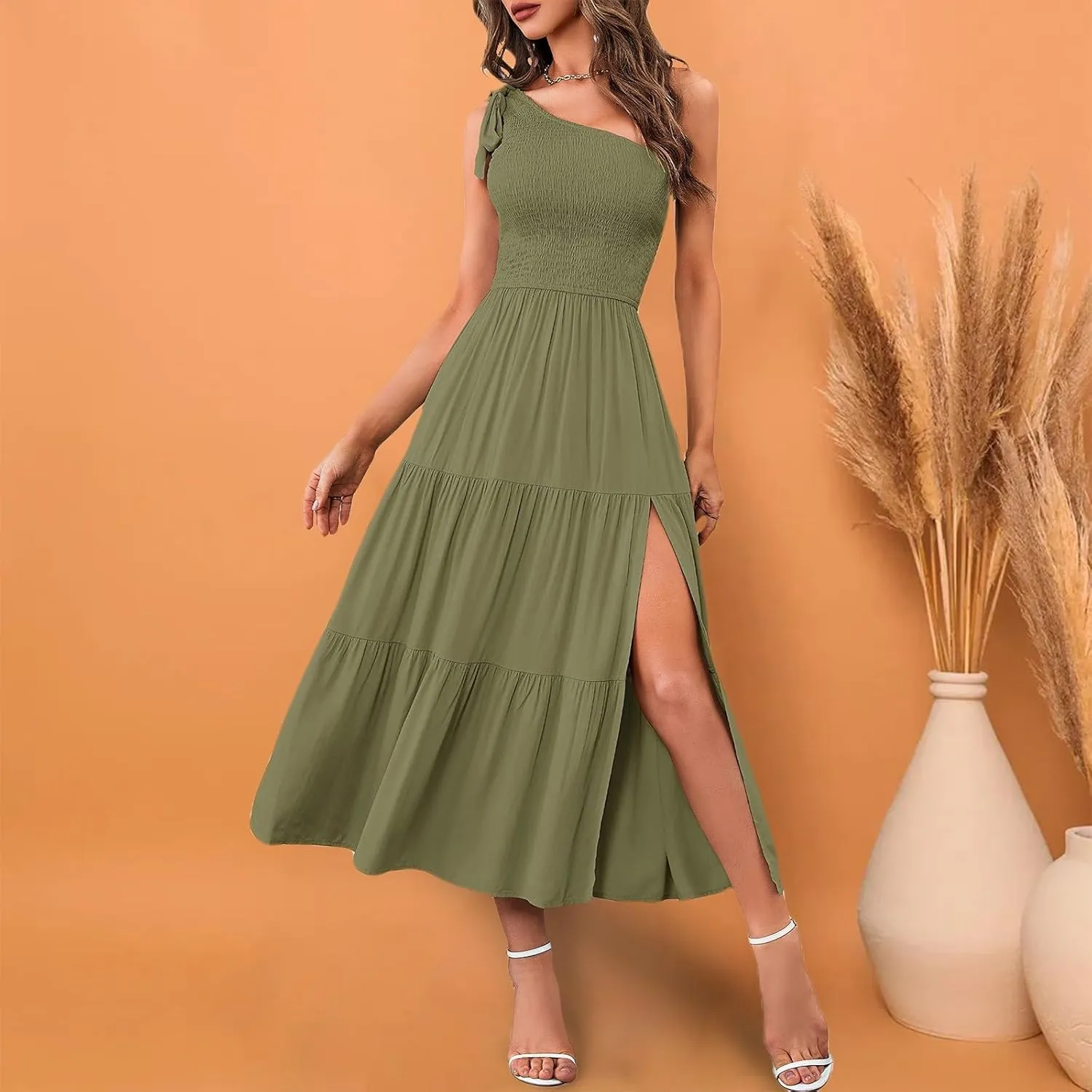Sundress Women's 2024 Summer One Shoulder Sleeveless Beach Dress Casual Smocked Tiered Beach Maxi Dresses Fashion