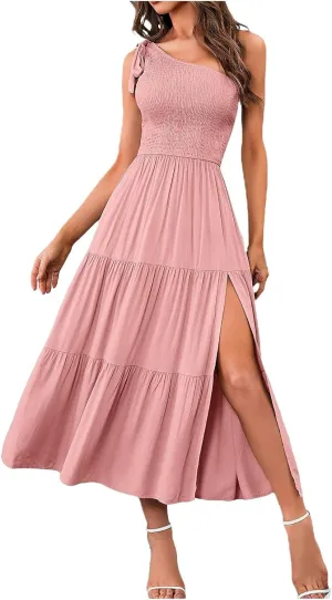 Sundress Women's 2024 Summer One Shoulder Sleeveless Beach Dress Casual Smocked Tiered Beach Maxi Dresses Fashion