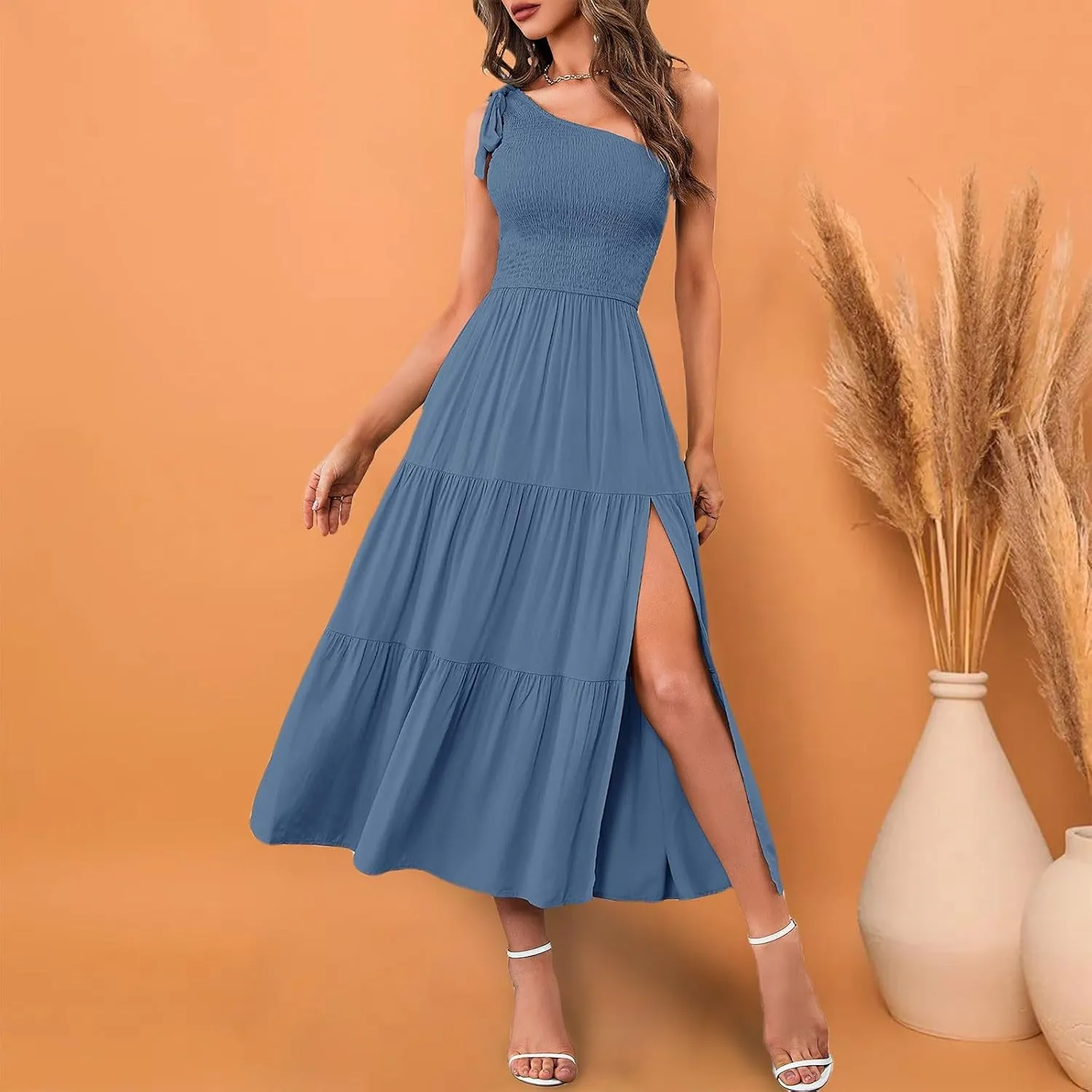 Sundress Women's 2024 Summer One Shoulder Sleeveless Beach Dress Casual Smocked Tiered Beach Maxi Dresses Fashion
