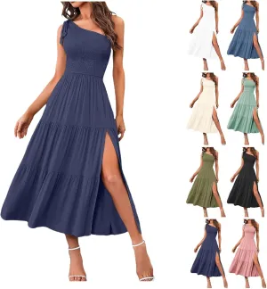 Sundress Women's 2024 Summer One Shoulder Sleeveless Beach Dress Casual Smocked Tiered Beach Maxi Dresses Fashion