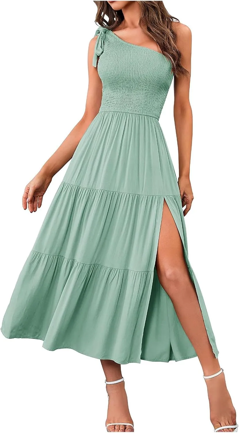 Sundress Women's 2024 Summer One Shoulder Sleeveless Beach Dress Casual Smocked Tiered Beach Maxi Dresses Fashion
