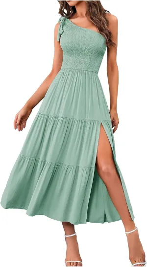 Sundress Women's 2024 Summer One Shoulder Sleeveless Beach Dress Casual Smocked Tiered Beach Maxi Dresses Fashion