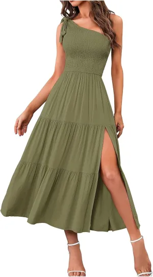 Sundress Women's 2024 Summer One Shoulder Sleeveless Beach Dress Casual Smocked Tiered Beach Maxi Dresses Fashion