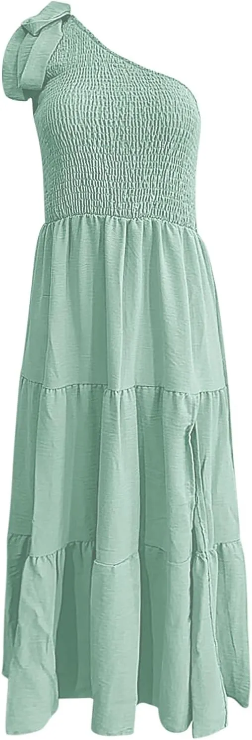 Sundress Women's 2024 Summer One Shoulder Sleeveless Beach Dress Casual Smocked Tiered Beach Maxi Dresses Fashion
