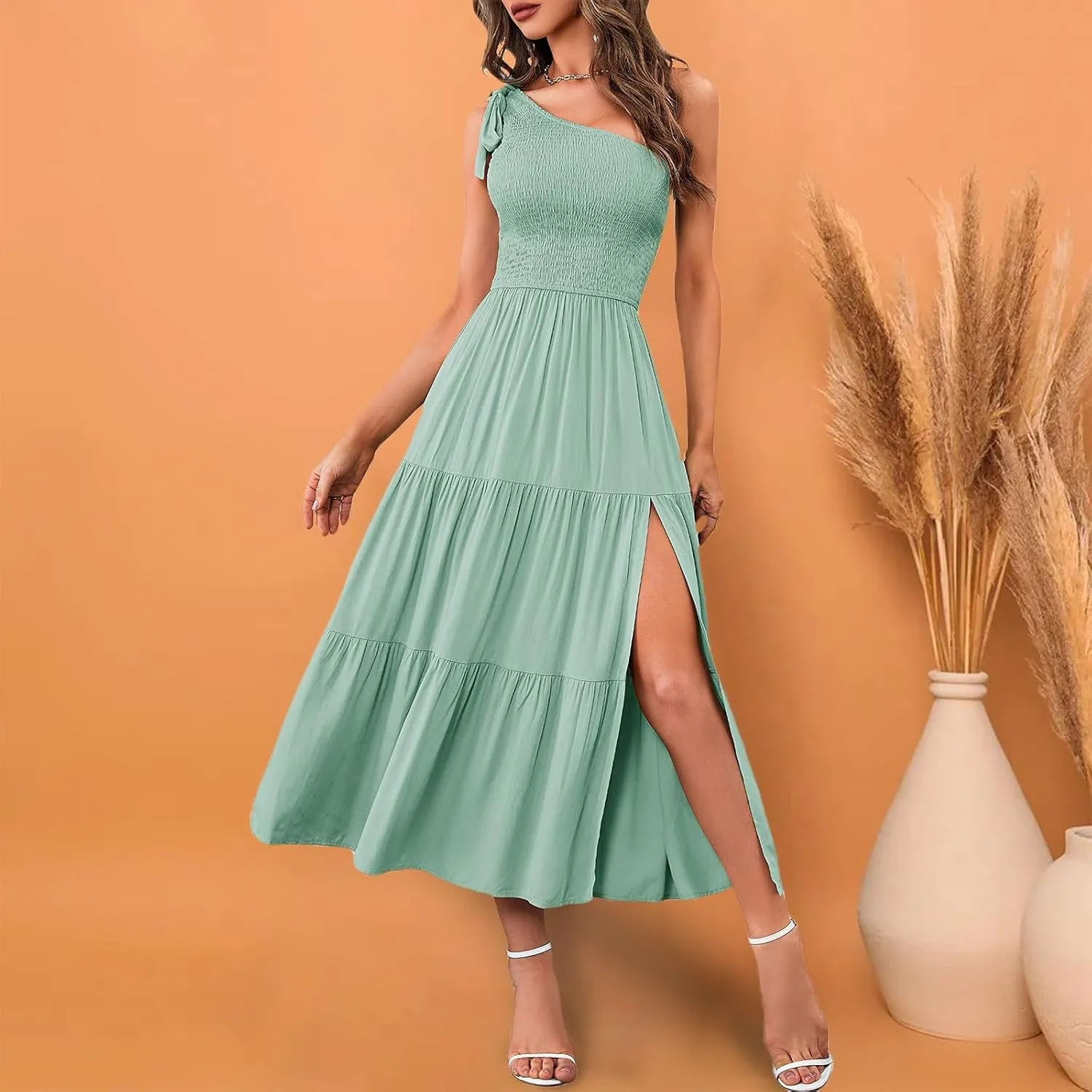 Sundress Women's 2024 Summer One Shoulder Sleeveless Beach Dress Casual Smocked Tiered Beach Maxi Dresses Fashion
