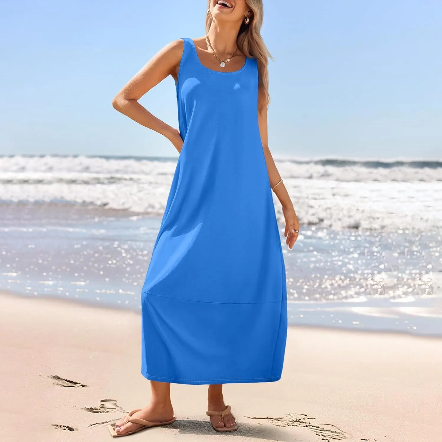 Sundresses for Women 2025 Casual Summer Beach Maxi Dress Scoop Neck Sleeveless Flowy Tank Dress Vacation Outfits
