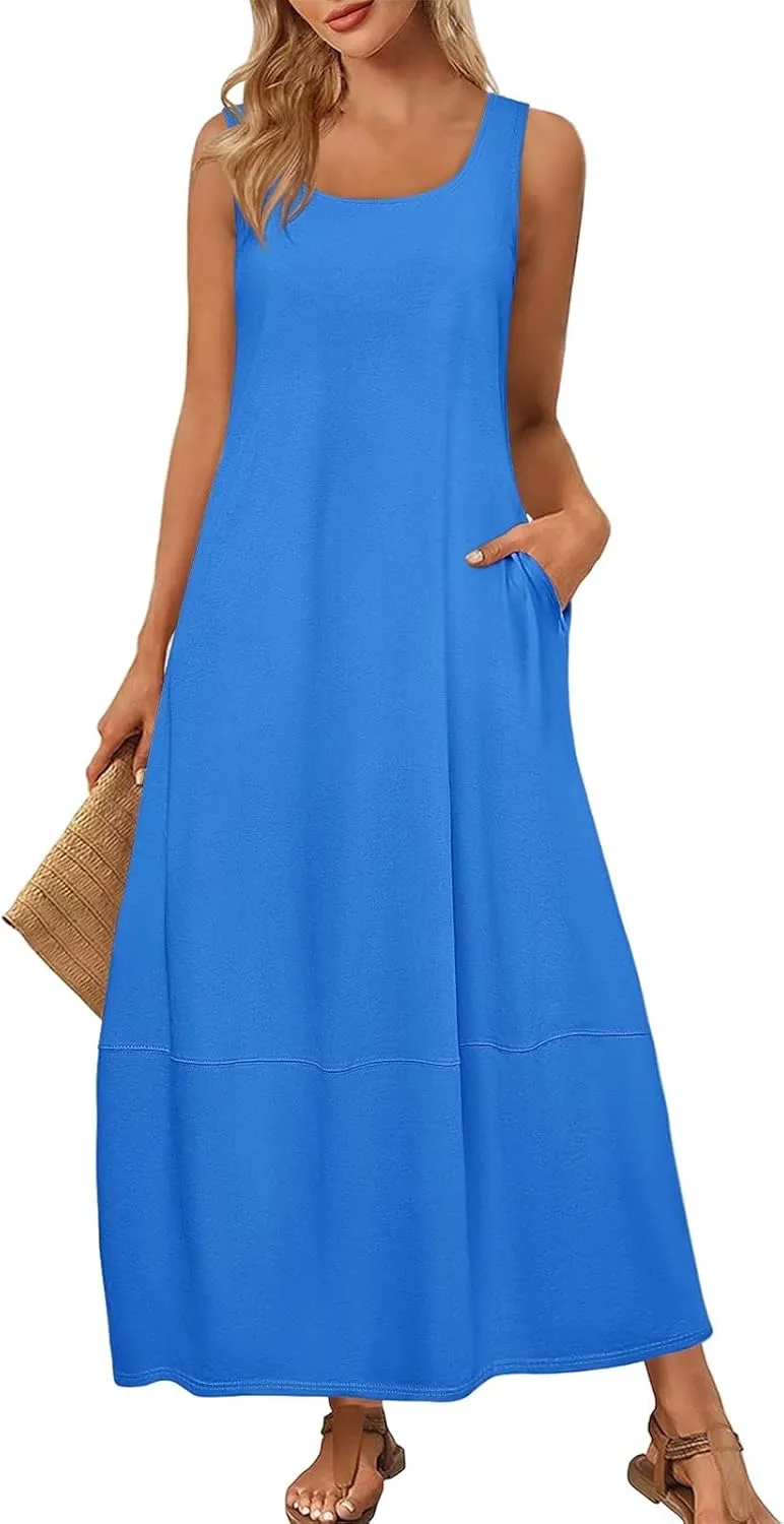 Sundresses for Women 2025 Casual Summer Beach Maxi Dress Scoop Neck Sleeveless Flowy Tank Dress Vacation Outfits