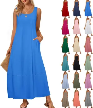 Sundresses for Women 2025 Casual Summer Beach Maxi Dress Scoop Neck Sleeveless Flowy Tank Dress Vacation Outfits