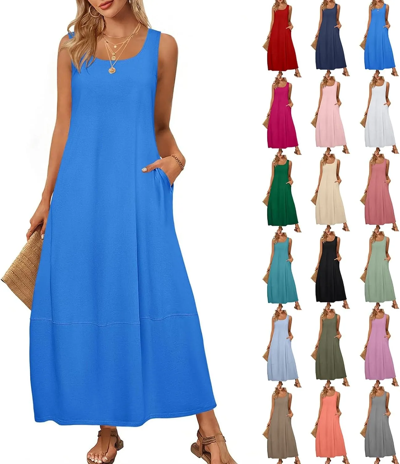 Sundresses for Women 2025 Casual Summer Beach Maxi Dress Scoop Neck Sleeveless Flowy Tank Dress Vacation Outfits