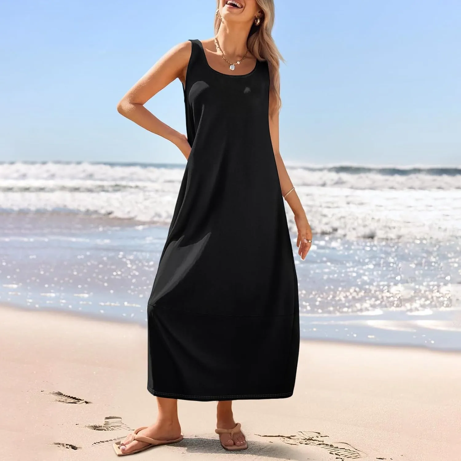 Sundresses for Women 2025 Casual Summer Beach Maxi Dress Scoop Neck Sleeveless Flowy Tank Dress Vacation Outfits