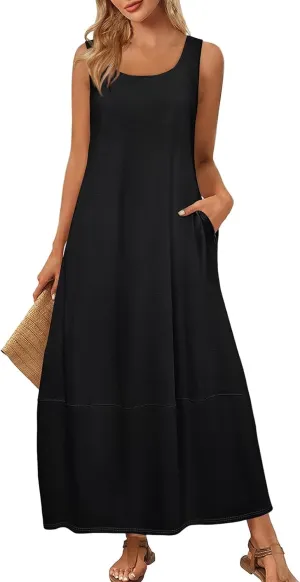 Sundresses for Women 2025 Casual Summer Beach Maxi Dress Scoop Neck Sleeveless Flowy Tank Dress Vacation Outfits