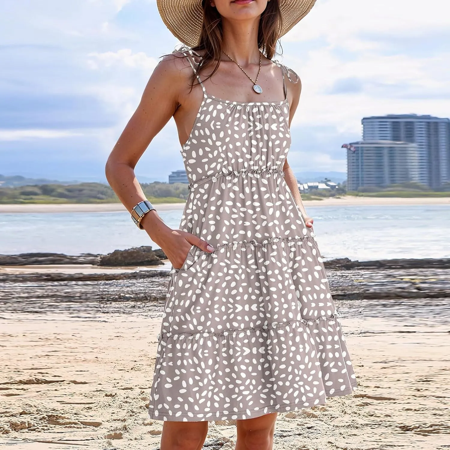 Sundresses for Women 2025 Floral Tiered Mini Skater Dress Cute Summer Spaghetti Strap Flowy Babydoll Sun Dress