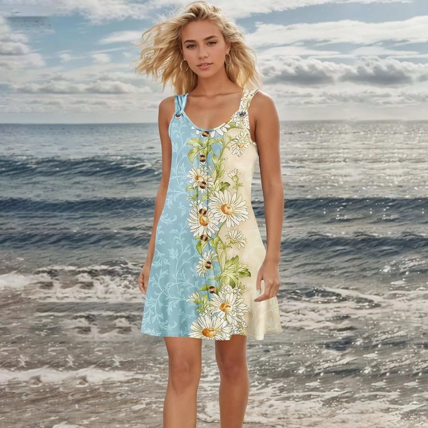 Sundresses for Women 2025 Midi Sleeveless Button Down Dresses for Women 2025 V Neck Vacation A Line Dress