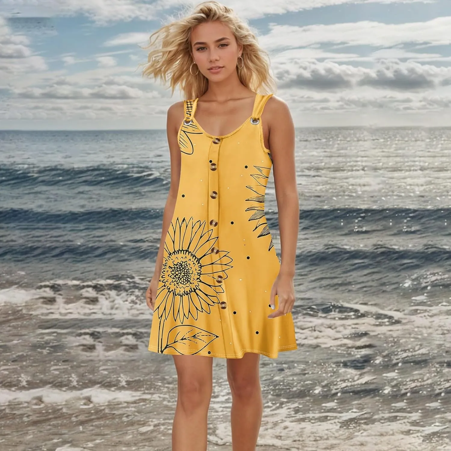 Sundresses for Women 2025 Midi Sleeveless Button Down Dresses for Women 2025 V Neck Vacation A Line Dress