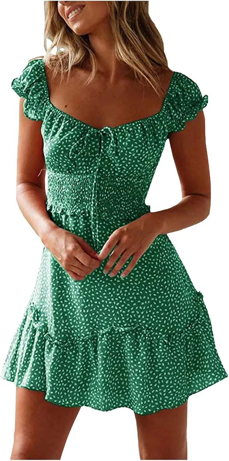 Sundresses for Women 2025 Summer Ruffle Sleeve Floral Tie Smocked Dresses Sexy Boho Neckline Printing Beach Mini Dress