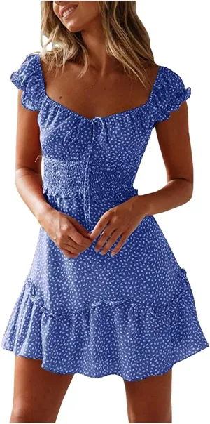 Sundresses for Women 2025 Summer Ruffle Sleeve Floral Tie Smocked Dresses Sexy Boho Neckline Printing Beach Mini Dress