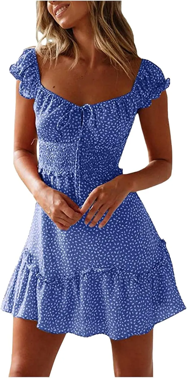 Sundresses for Women 2025 Summer Ruffle Sleeve Floral Tie Smocked Dresses Sexy Boho Neckline Printing Beach Mini Dress