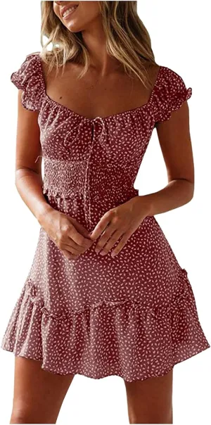 Sundresses for Women 2025 Summer Ruffle Sleeve Floral Tie Smocked Dresses Sexy Boho Neckline Printing Beach Mini Dress