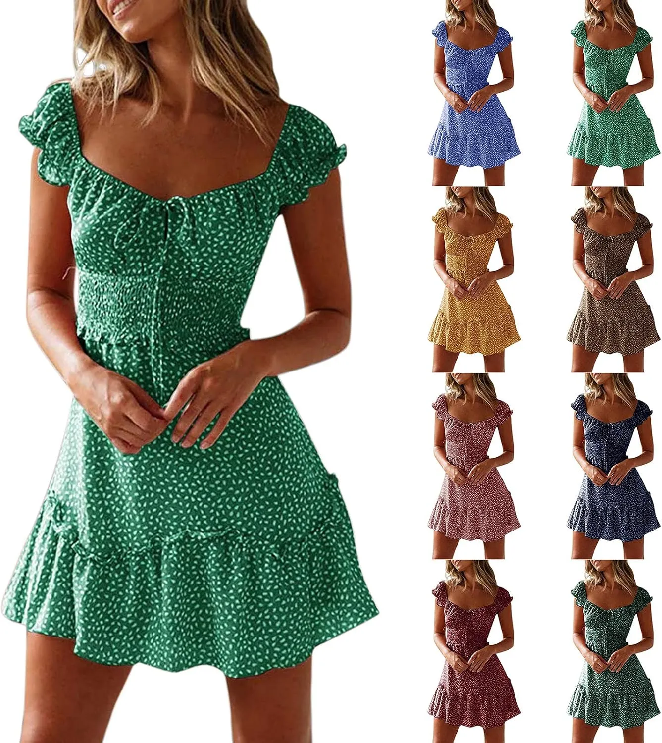 Sundresses for Women 2025 Summer Ruffle Sleeve Floral Tie Smocked Dresses Sexy Boho Neckline Printing Beach Mini Dress