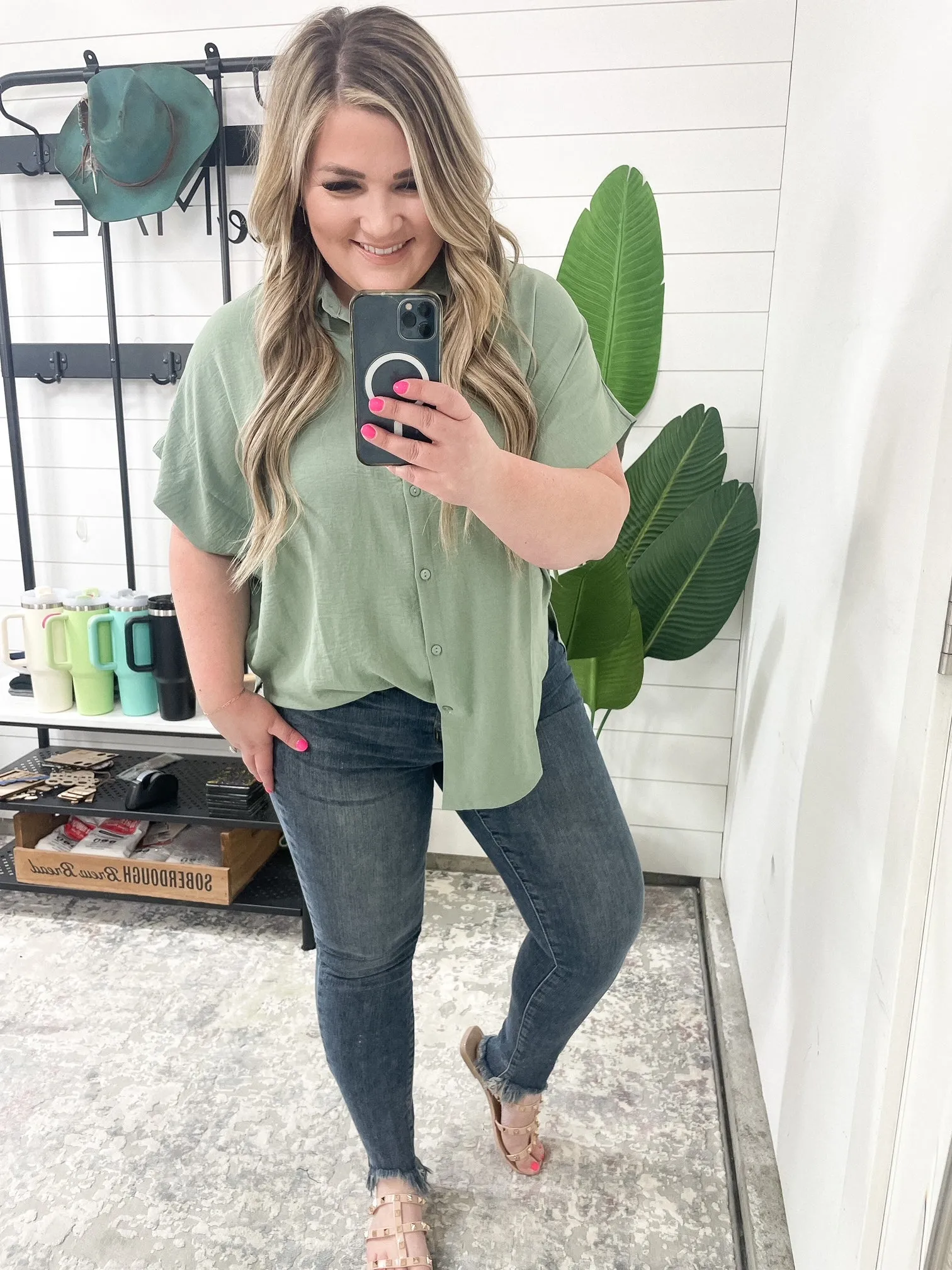 Sweet Simplicity Button Down Blouse in Sage