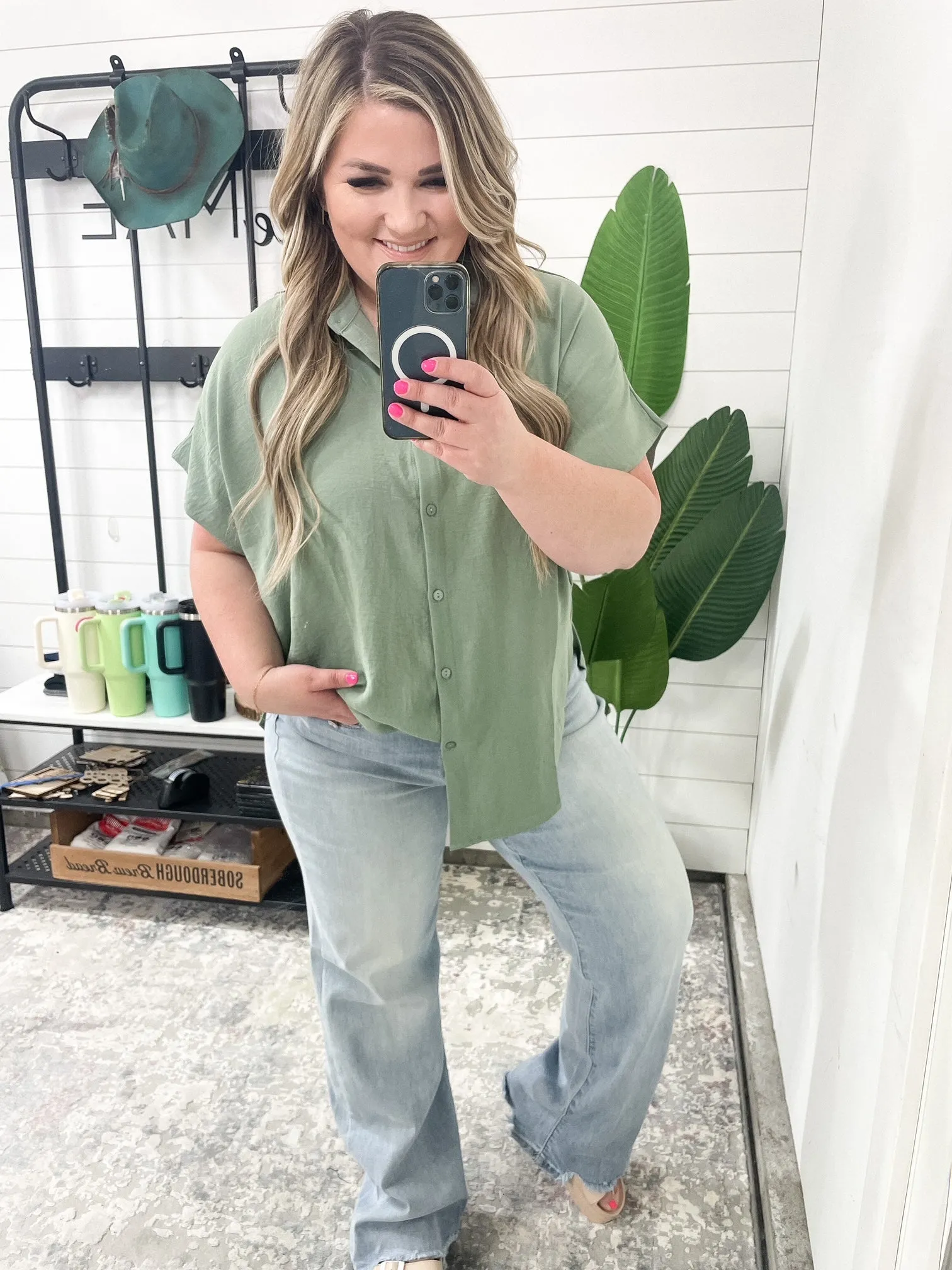 Sweet Simplicity Button Down Blouse in Sage